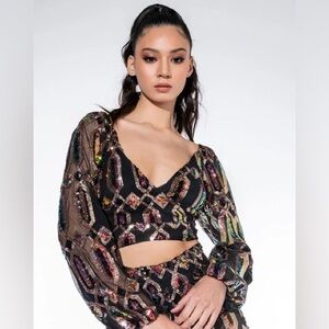 AKIRA Extra Large Celine Multicolor Sequin Long Sleeve Crop Top
